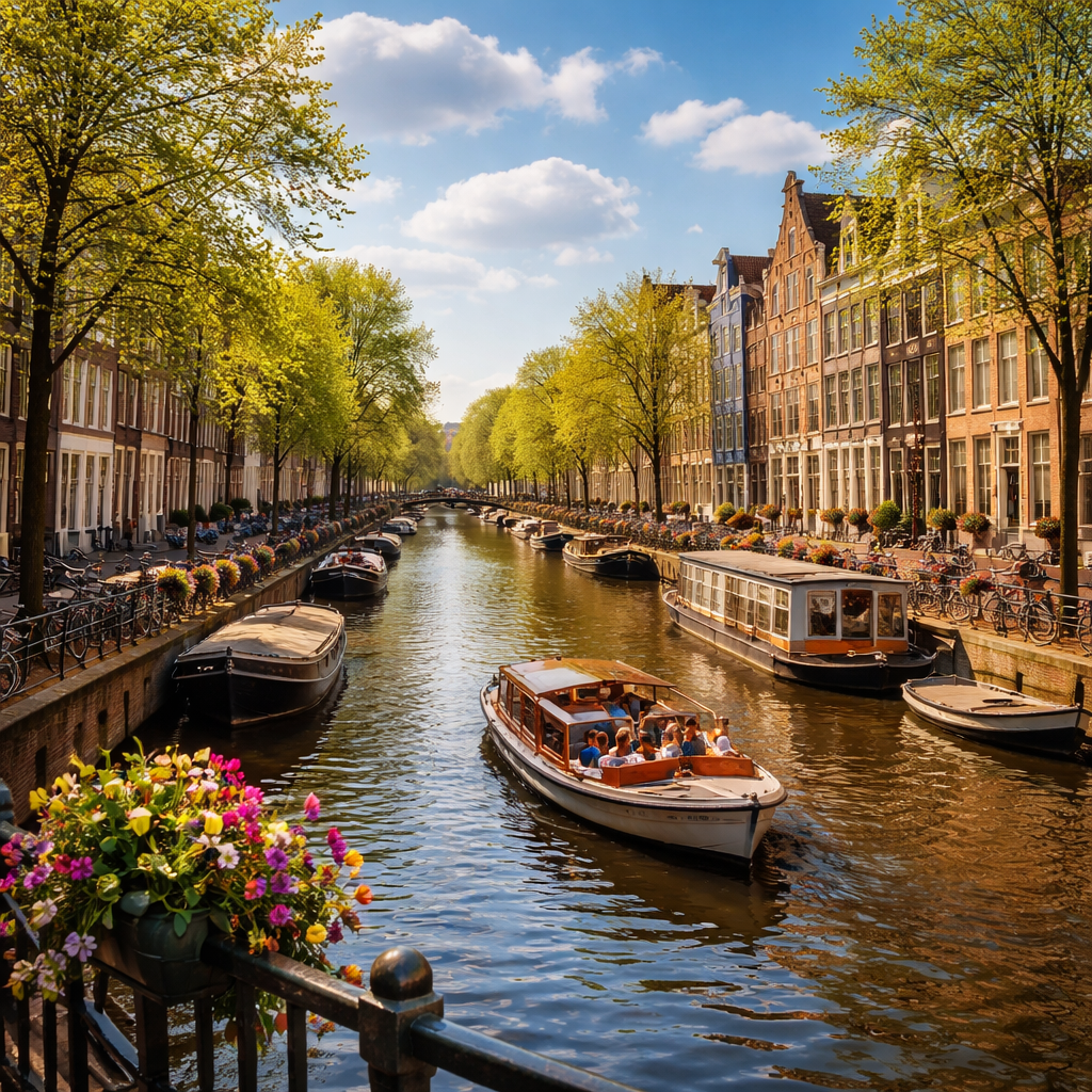 canales de Ámsterdam en un día soleado de viaje