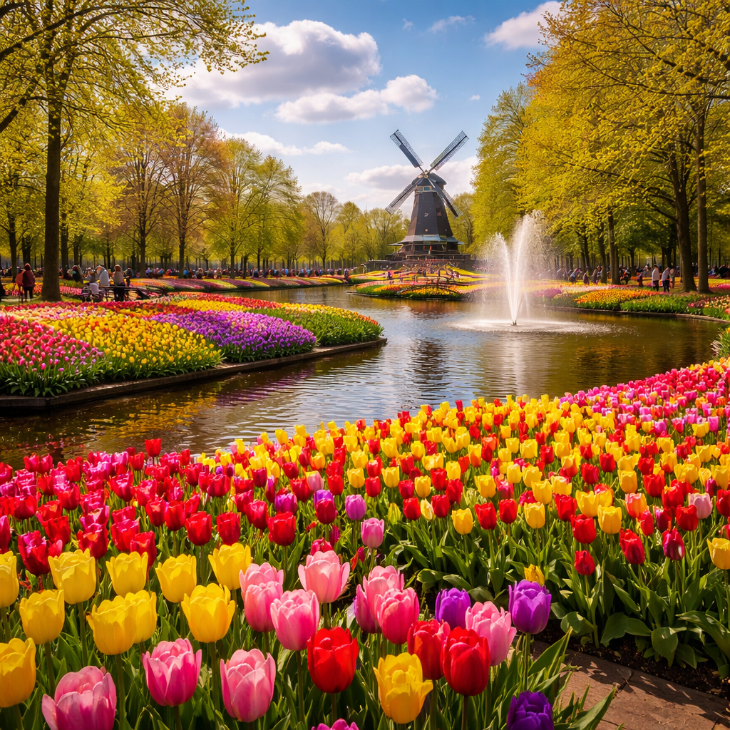 Canales de Ámsterdam con tulipanes y un molino